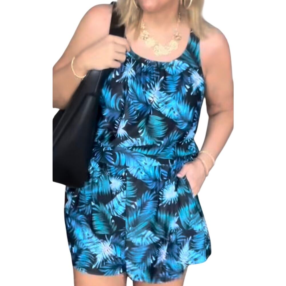 Bloomchic Blue Tropical Leaf Swim Romper US 30 6X NWT